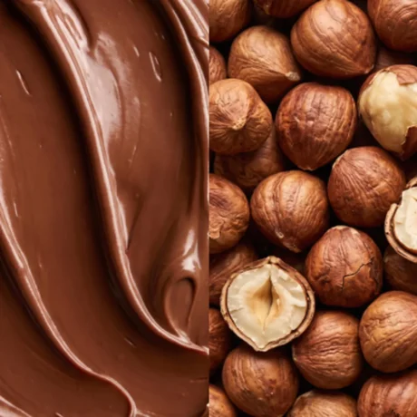 Schokolade und Haselnüsse als Zutaten-Nahaufnahme für MaxiNutrition Creamy Core Protein Bar Hazelnut Nougat