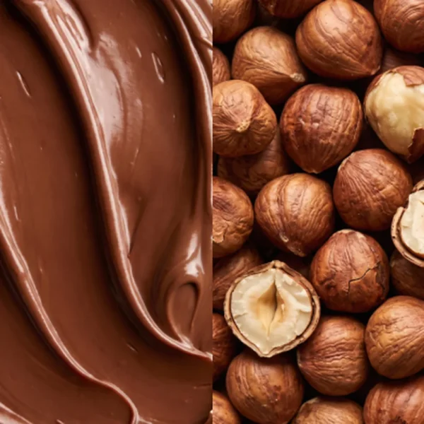 Schokolade und Haselnüsse als Zutaten-Nahaufnahme für MaxiNutrition Creamy Core Protein Bar Hazelnut Nougat