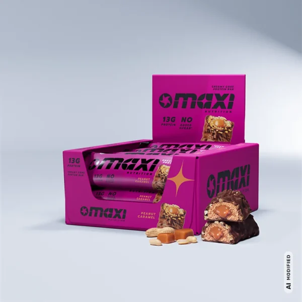 MaxiNutrition Creamy Core Protein Bar Peanut Caramel – geöffnete Displaybox mit mehreren Riegeln