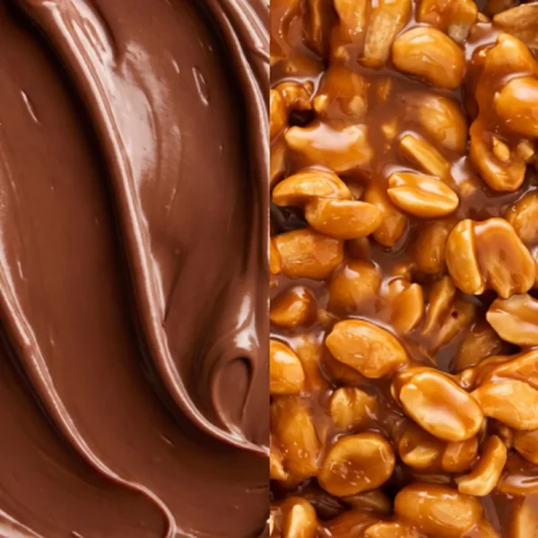 Schokolade und karamellisierte Erdnüsse als Zutaten-Nahaufnahme für MaxiNutrition Creamy Core Protein Bar Peanut Caramel