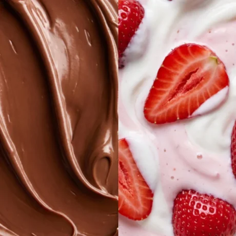 Schokolade und frische Erdbeeren mit Joghurt als Zutaten-Nahaufnahme für MaxiNutrition Creamy Core Protein Bar Strawberry Yoghurt