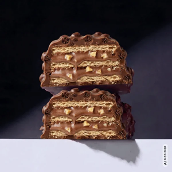 MaxiNutrition Protein Waffle Bar Hazelnut Spread 39g – zwei aufgeschnittene Riegelhälften mit Haselnusscreme