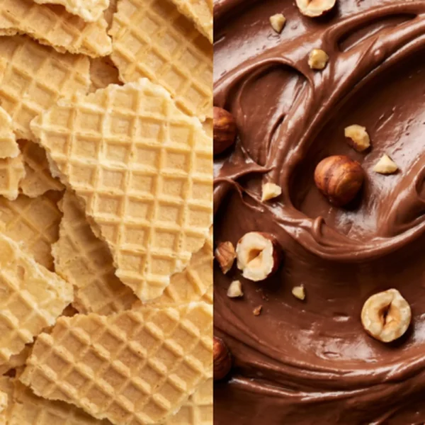Waffelblätter und Haselnusscreme als Zutaten-Nahaufnahme für MaxiNutrition Protein Waffle Bar Hazelnut Spread