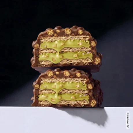 MaxiNutrition Protein Waffle Bar Pistachio Spread 39g – zwei aufgeschnittene Riegelhälften mit Pistaziencreme