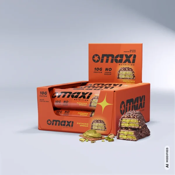 MaxiNutrition Protein Waffle Bar Pistachio Spread 39g – geöffnete Displaybox mit mehreren Riegeln