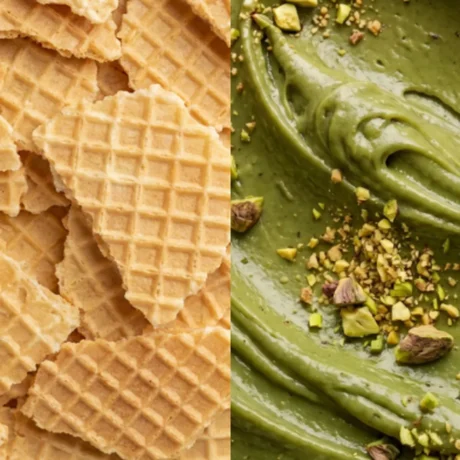 Waffelblätter und Pistaziencreme als Zutaten-Nahaufnahme für MaxiNutrition Protein Waffle Bar Pistachio Spread